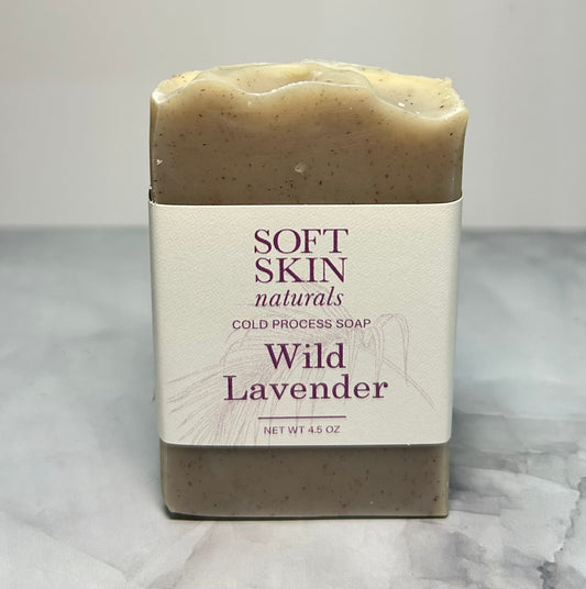 Bar of Wild Lavender soap from Soft Skin Naturals on a marble surface