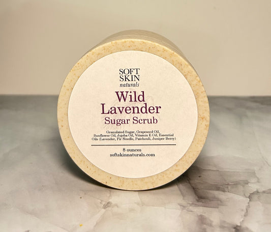 Wild Lavender Sugar Scrub container on a marble surface
