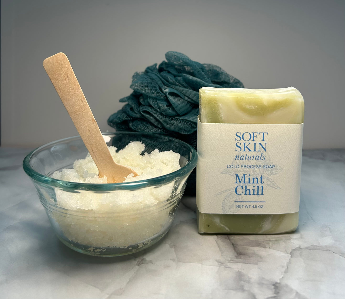 Peppermint soap matches with peppermint sugar scrub