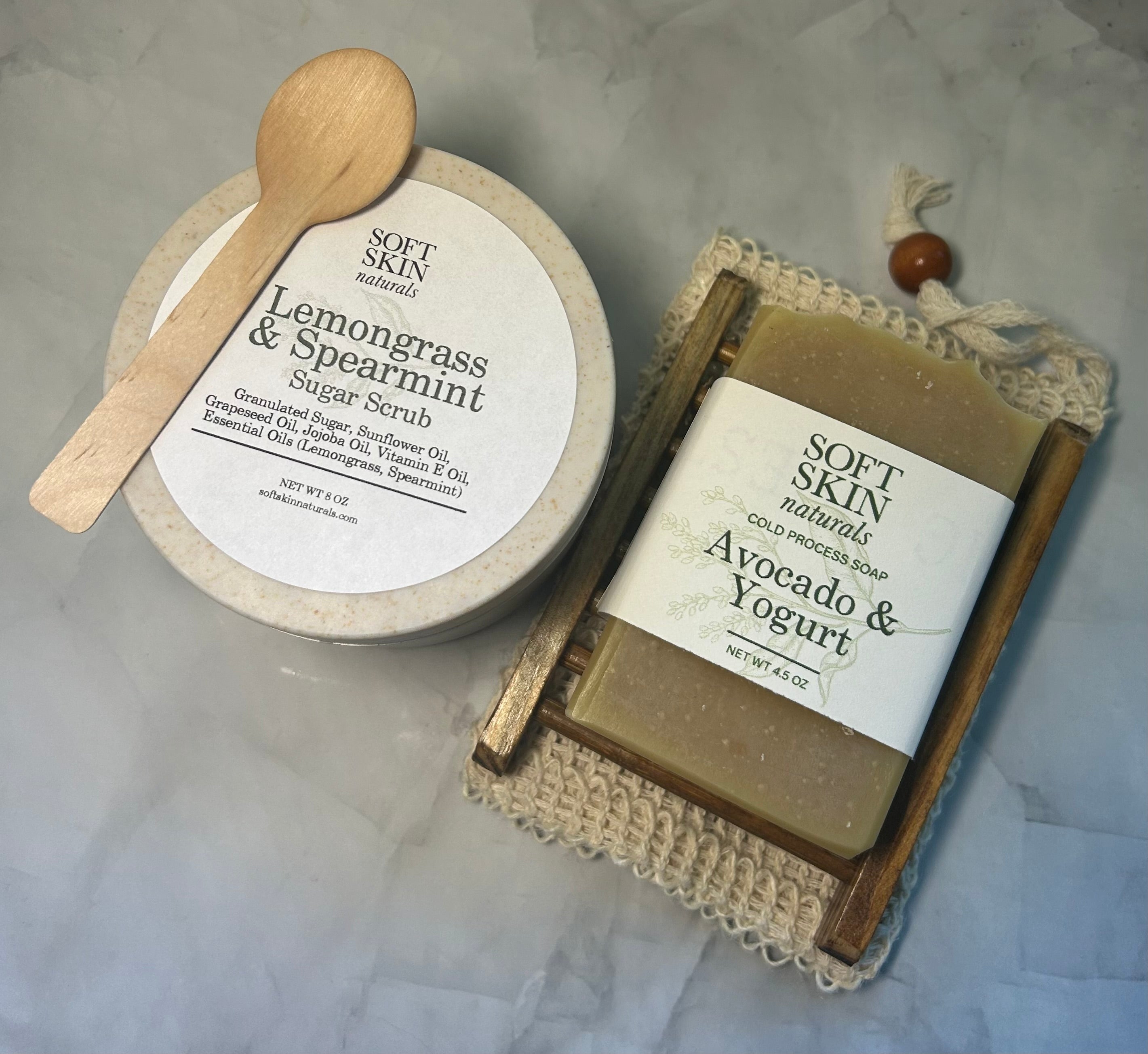 Lemongrass and Spearmint scrub pairs well with Avocado and Yogurt soap