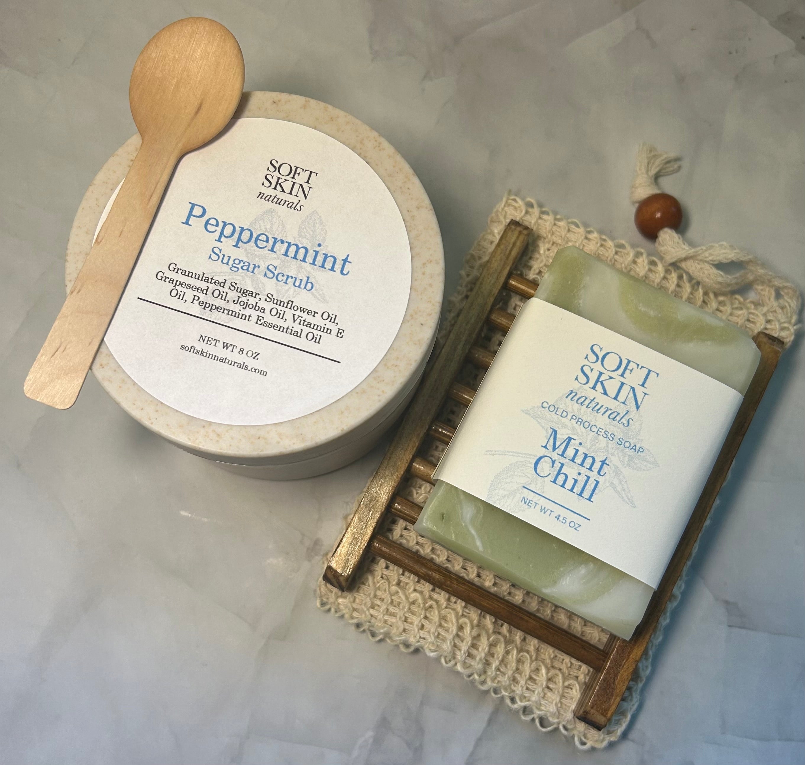 Peppermin sugar scrub matches with Mint Chill vegan soap