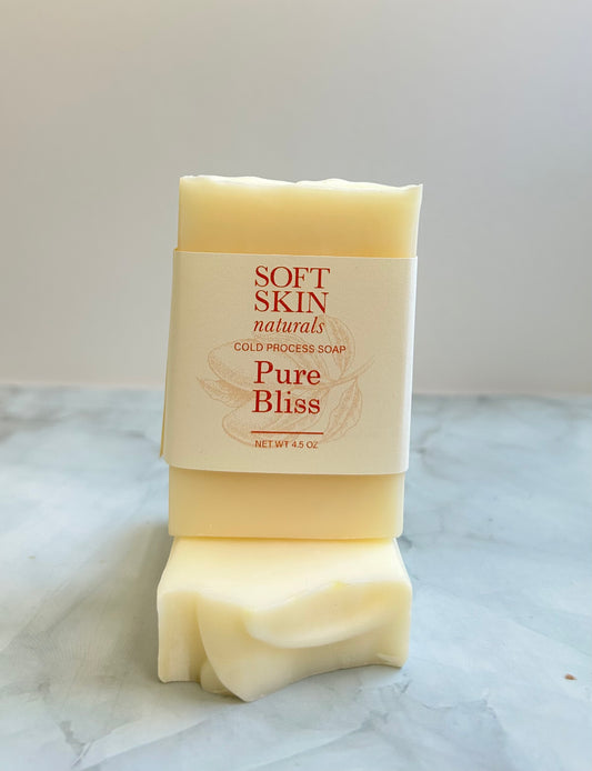 Bar of Soft Skin Naturals Pure Bliss soap on a marble surface